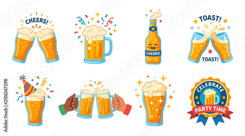Beer glasses clinking together in a celebratory toast signify festive occasions and social gatherings portrayed through a collection of vibrant vector graphics with party elements and confetti shapes.