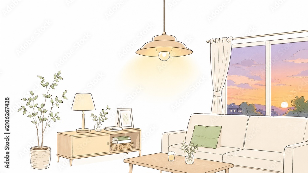 Fototapeta premium 部屋の照明が灯り窓の外に夕焼けが広がる落ち着いたリビングルーム
