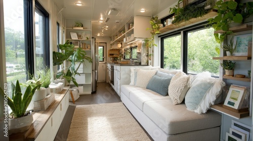 Cozy and Modern Tiny Home Interior with Natural Light, Green Plants, and Stylish Decor Perfect for Minimalist Living and Small Space Solutions