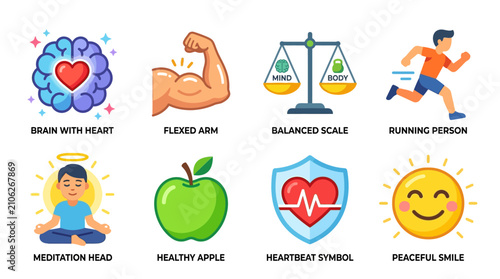 Wellness icons represent various aspects of healthy living including a brain with heart, strong arm, balanced scale, running person, meditation, apple, heartbeat, and a happy smiling sun face.