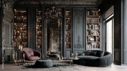 Elegant Living Room with Dark Ornate Decor and Stylish Furniture, Featuring Bookshelves, Soft Textures, Candles, and Warm Lighting for Luxurious Ambiance