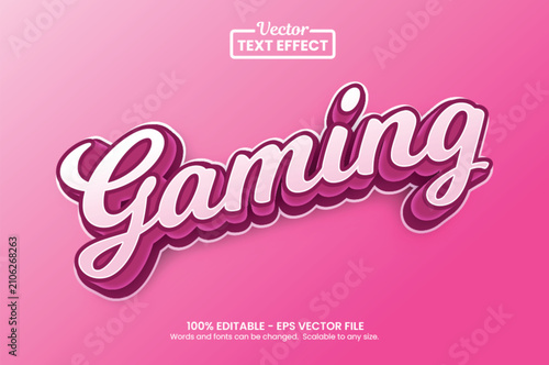 3D cute pink gaming text effect, editable girl gamer script typography vector style