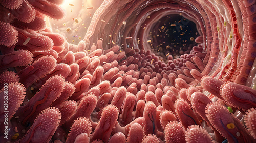 Microscopic view of human intestinal villi inside the digestive tract showing healthy tissue structure for medical research and biological education purposes