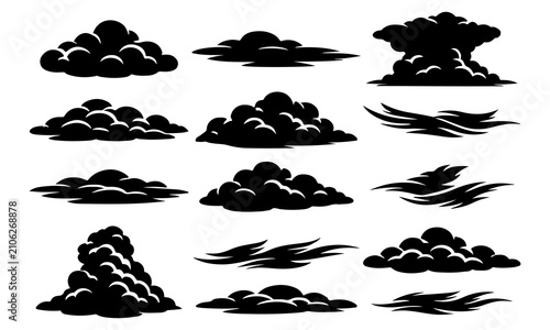 Cloud silhouettes set vector, Weather clouds silhouette collection for sky background and UI design, Minimalist cloud shapes vector pack for landscape and web design