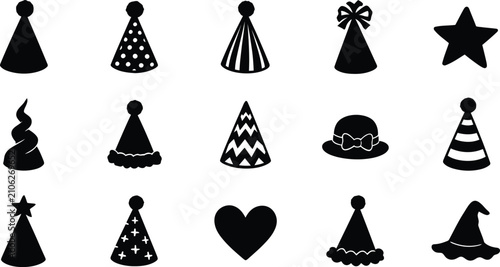 Canvastavla Icon set of diverse hats including party cones stars hearts and witch headwear silhouettes