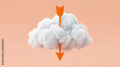 A fluffy white 3d cloud icon with a bright orange arrow pointing downwards isolated on a solid soft peach background
