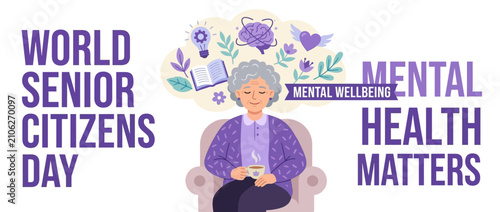 Elderly woman enjoying tea, promoting mental wellbeing and senior citizens day