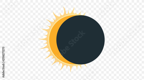 Vector crescent solar eclipse illustration, sun partially covered by dark circular silhouette leaving a thin glowing crescent of light on one side
