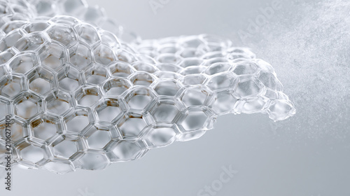 Floating translucent honeycomb structure getting hydrated by micro water mist, skincare barrier concept