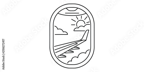 Airplane window view with wing and sun in the sky