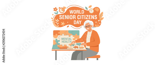 Elderly person enjoys mental health puzzle, senior citizens day celebration.