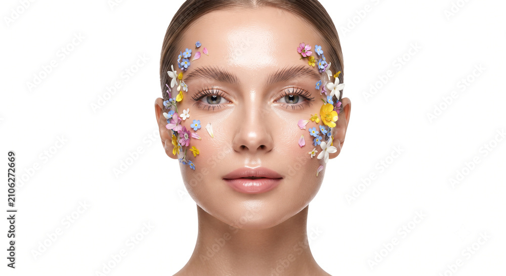 Obraz premium Natural beauty enhanced by delicate floral embellishments on face