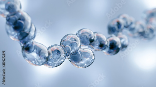 A chain of translucent microscopic bubbles linking together, symbolizing collagen building and exosome therapy