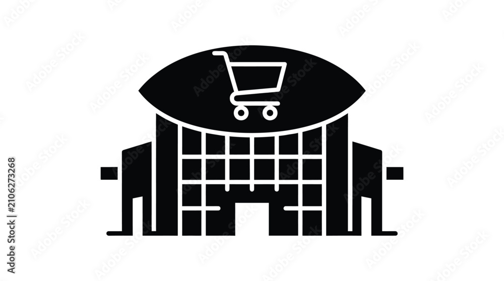 Obraz premium Modern Supermarket Building Icon with Shopping Cart Graphic Symbol
