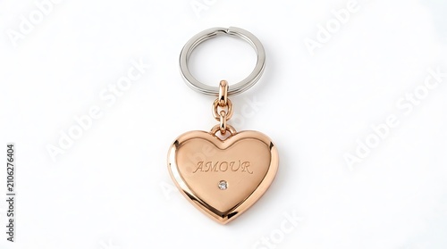 Elegant rose gold heart shaped keychain isolated on white background.