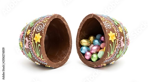 Open Decorative Chocolate Easter Egg Filled with Small Colorful Candy Eggs.