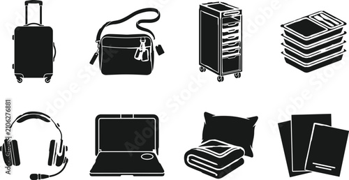 Quadro em tela Airline Inflight Passenger Amenities and Travel Luggage Silhouette Icon Set for