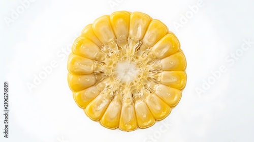 Top view of a fresh sliced corn cob isolated on white background.