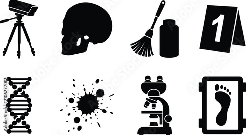 Bild auf Leinwand Forensic Science and Crime Scene Investigation Silhouette Icon Set for Criminolo
