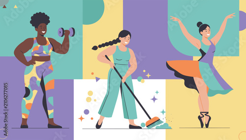 Three diverse women engaging in active lifestyle activities including lifting weights, sweeping the floor, and dancing ballet.