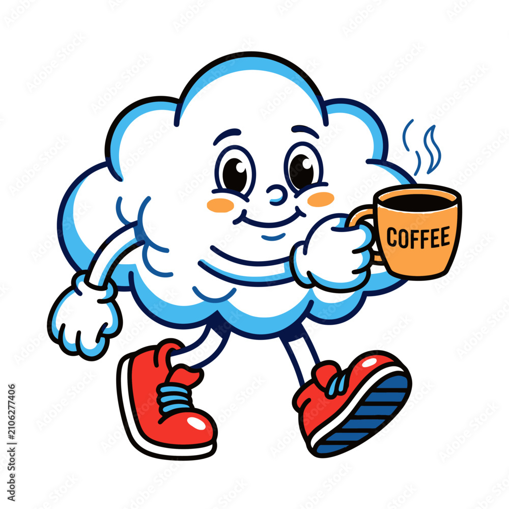 Fototapeta premium Playful Cloud Character Sips Coffee While Walking.
