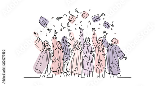 Valokuva Graduation Party Line Art Illustration with Cheering Students and Confetti