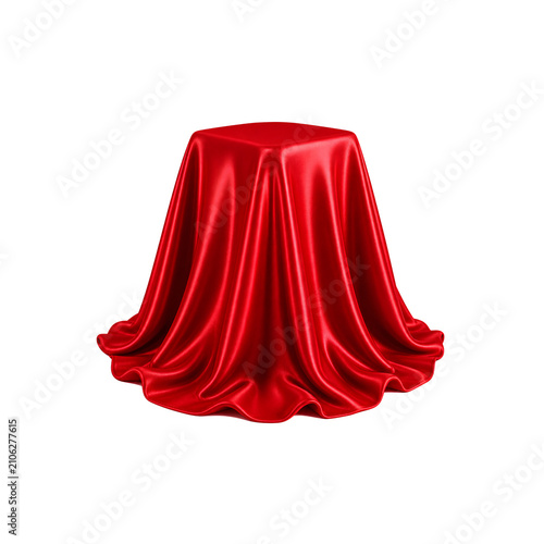 Red satin cloth covering pedestal isolated luxurious silk fabric reveal mockup for elegant presentation design