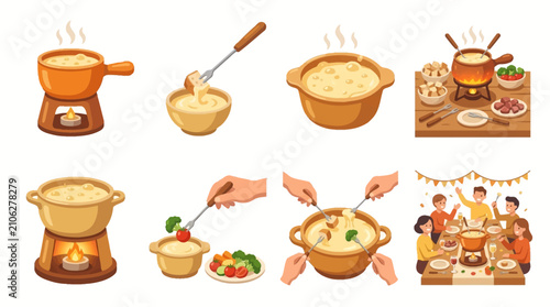 Fondue set with melted cheese and dipping vegetables illustrates a social dining experience where friends and family gather together to enjoy a warm and interactive meal during festive gatherings.