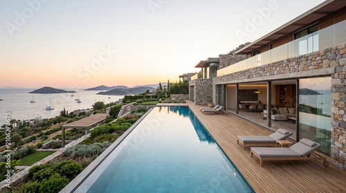 Luxury villa with infinity pool overlooking the Mediterranean sea at sunset.