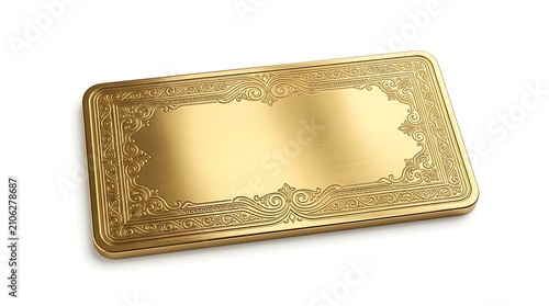 Blank shiny gold metal plate with ornate decorative vintage frame isolated on white.