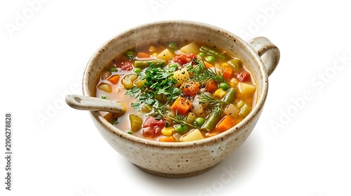 A rustic bowl of homemade vegetable soup with fresh herbs on a white background.