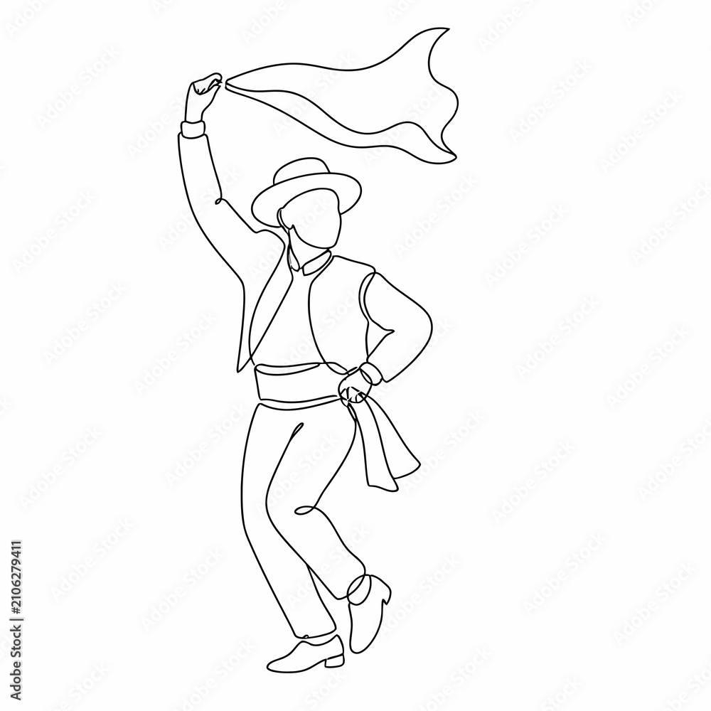 Obraz premium Continuous line art illustration of a male folk dancer in traditional attire, wearing a wide-brimmed hat and vest while holding a handkerchief aloft in a dynamic performance pose.