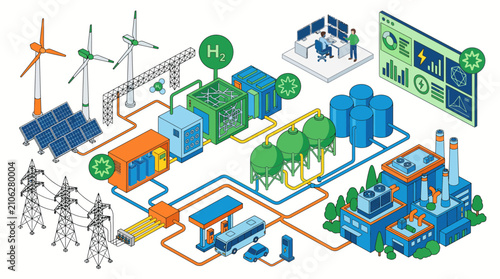 Fotografía Isometric Green Hydrogen Production Plant with Wind Turbines and Solar Energy Ve