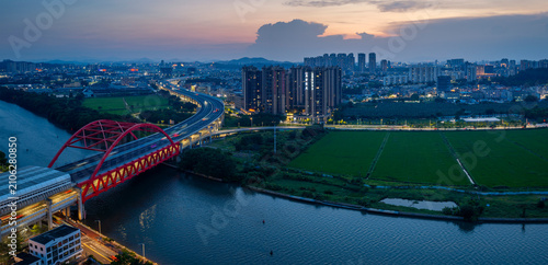 Aerial View of Qijiang River Bridge in Zhongshan City at Dusk, Guangdong Province, China