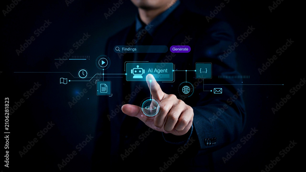 Fototapeta premium Businessman Utilizing Advanced Artificial Intelligence Digital Interface for Automated Workflow Optimization and Strategic Data Management