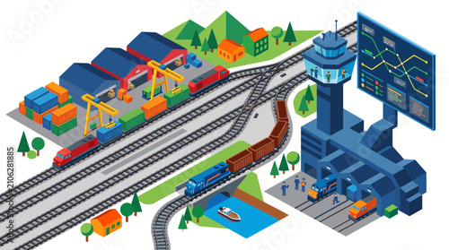 Isometric Railway Control Tower with Cargo Containers and Train Schedule Display