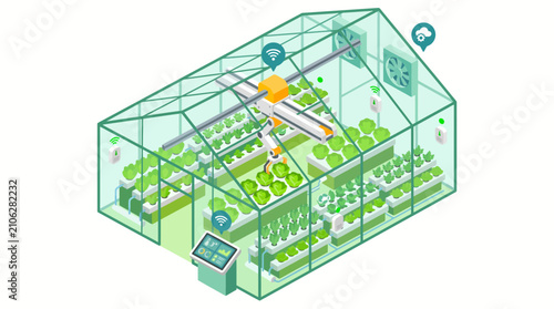 Tableau sur toile Isometric Hydroponic Greenhouse Cutaway with Robotic Arm and Vertical Farming Il