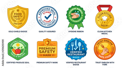 Quality emblems and food safety medals highlight certified kitchen practices and hygiene standards that restaurants promote to build consumer trust in their fresh and natural product offerings today.