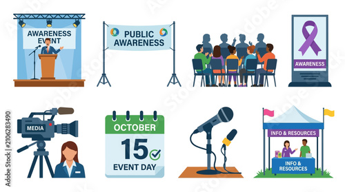 Awareness event icons illustrate public outreach campaigns, media coverage, and informational booths to communicate organizational goals and social initiatives through clear visual storytelling.