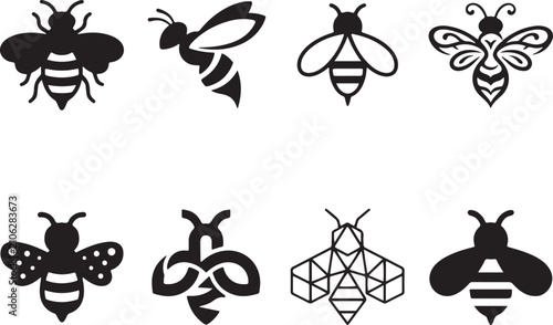 Foto Set of black bee icons and honey bee silhouettes in various artistic graphic des
