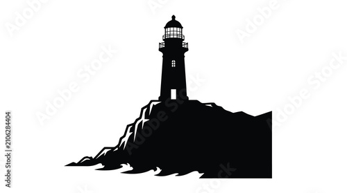 Foto Black lighthouse on a rocky hill