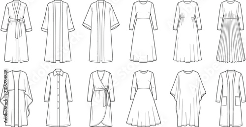 Quadro su tela Set of women fashion technical sketches including dresses robes and cardigans fo