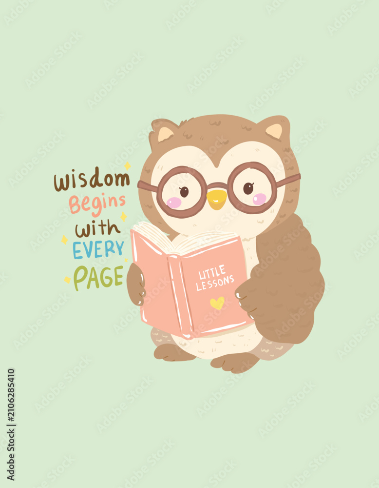 Fototapeta premium Wise owl wearing glasses holding open book with inspirational quotes for studying, hand-drawn back to school illustration, look like teacher iconic animal cozy color