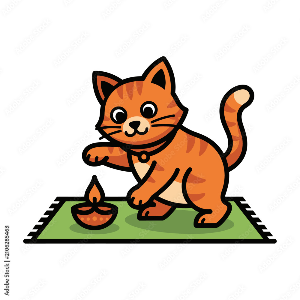 Fototapeta premium Cute orange tabby cat playing with a traditional Indian oil lamp.