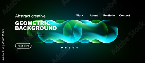 Fotografie Dark website header features vibrant geometric shapes, text, navigation options, plus pagination dots