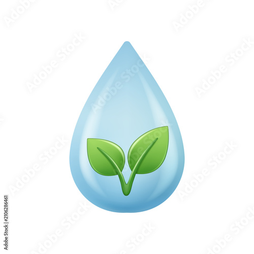 3D glossy water drop with green leaves. Vector icons representing ecology, pure water, natural cosmetics, organic products and nature conservation.