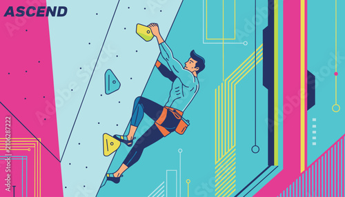 Determined athletic man climbs a vertical indoor bouldering wall against a colorful geometric abstract background.