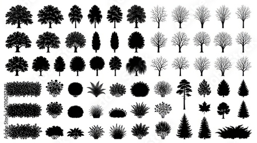 Set of black tree silhouettes and bushes icons isolated on a white background for landscape design and graphic projects