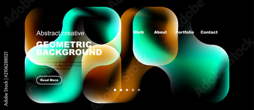 Abstract geometric shapes dominate dark background. Turquoise, orange hues bl...