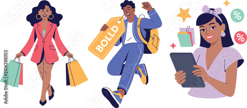 Photos Set of three illustrated characters engaged in shopping and retail activities: a